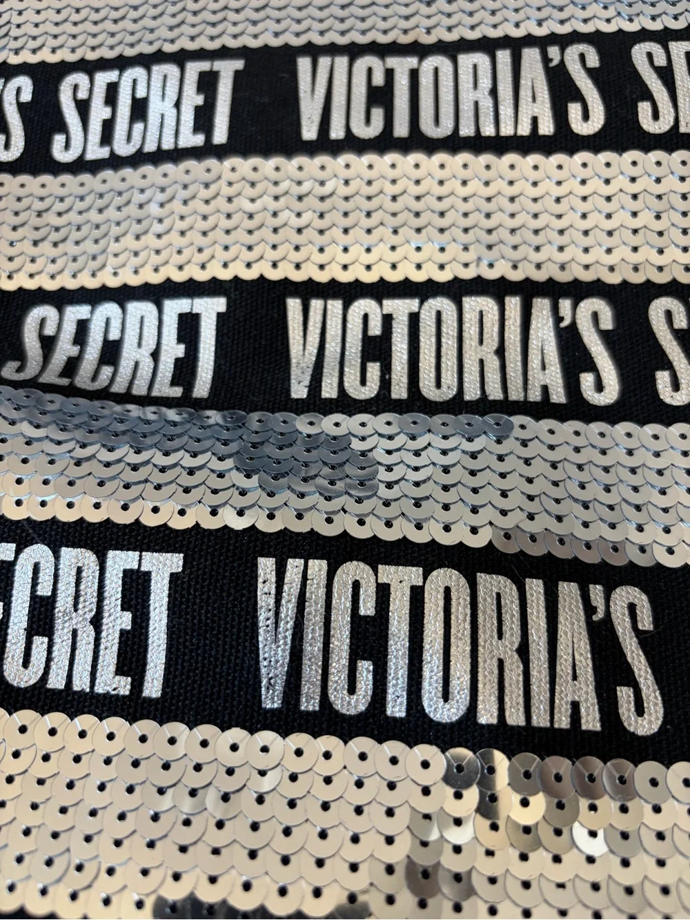 Victoria’s Secret Silver and Black Sequin Striped Weekender Canvas Tote Bag